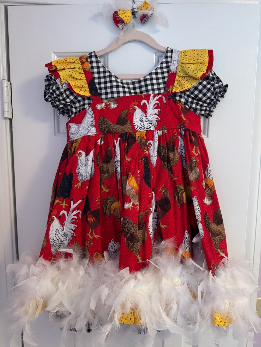 Girls Red Chicken Farmhouse Dress with Feather Trim